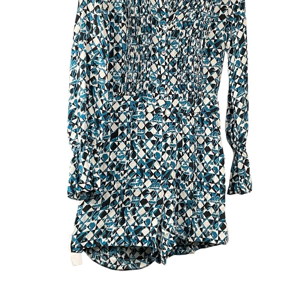 Women's DVF Geometric Print‎ Long Sleeve Mini Romper Collared Button Down